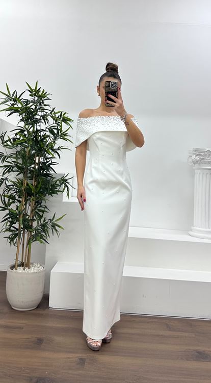 Kemik Kayık Yaka İnci Detaylı Abiye Elbise