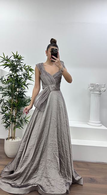 Mink Layered Draped Shoulder Design Evening Dress