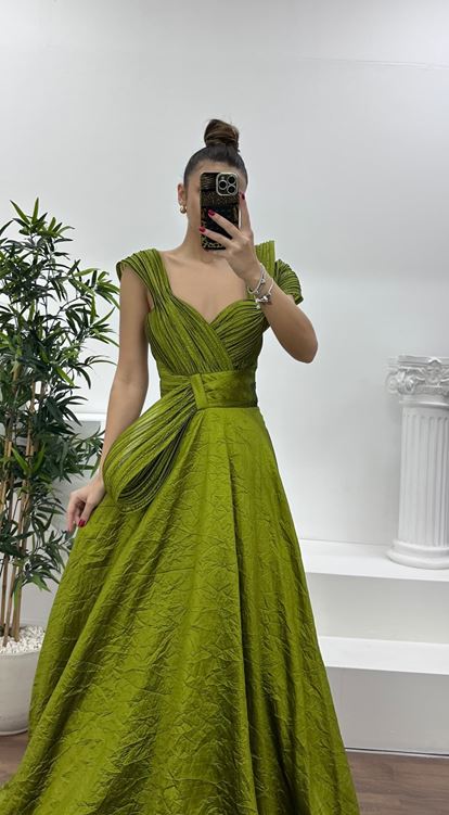 Khaki Layered Draped Shoulder Design Evening Dress