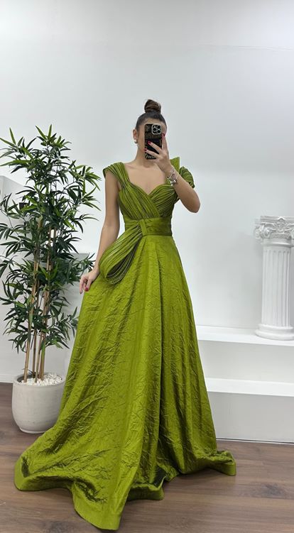Khaki Layered Draped Shoulder Design Evening Dress