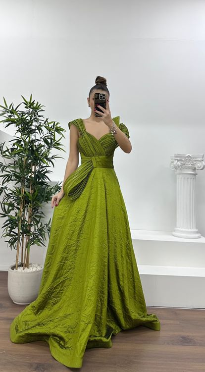 Khaki Layered Draped Shoulder Design Evening Dress