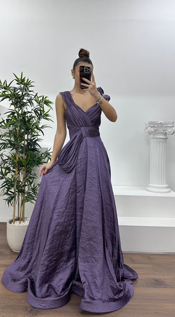 Lavender Layered Draped Shoulder Design Evening Dress