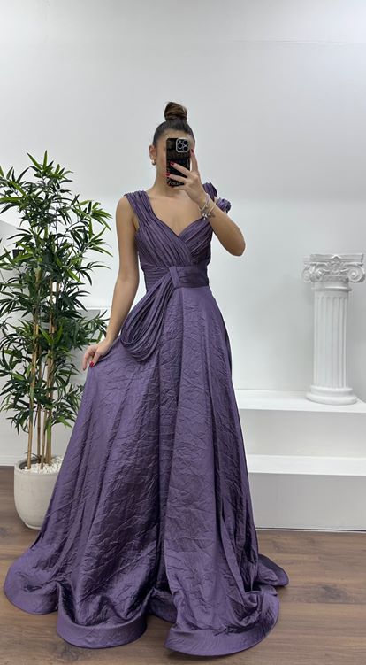 Lavender Layered Draped Shoulder Design Evening Dress