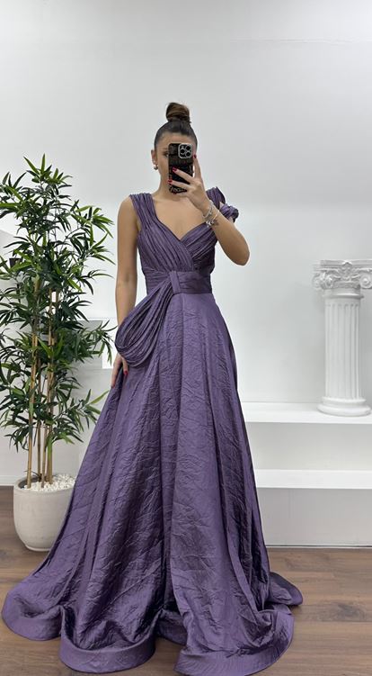 Lavender Layered Draped Shoulder Design Evening Dress