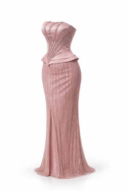 Powder Pink Strapless Beaded Evening Dress