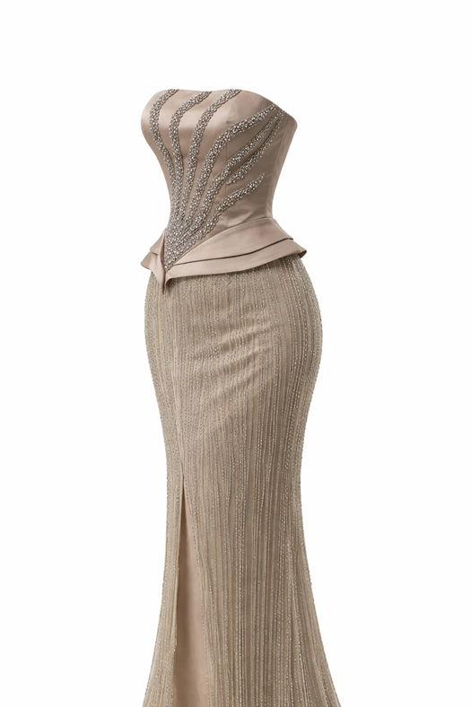 Vizon Straplez Boncuk Detaylı Abiye Elbise