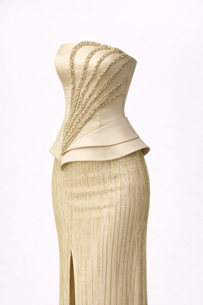 Bej Straplez Boncuk Detaylı Abiye Elbise