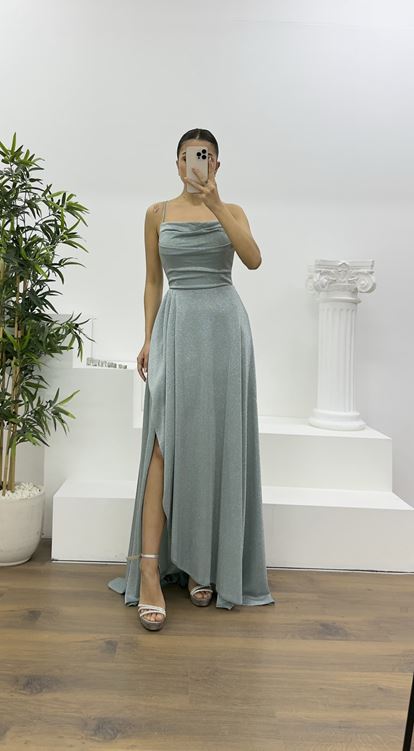 Mint Askılı Simli Drapeli Yaka Abiye Elbise