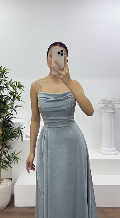 Mint Askılı Simli Drapeli Yaka Abiye Elbise