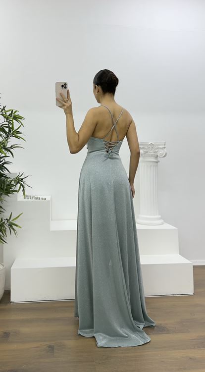 Mint Askılı Simli Drapeli Yaka Abiye Elbise