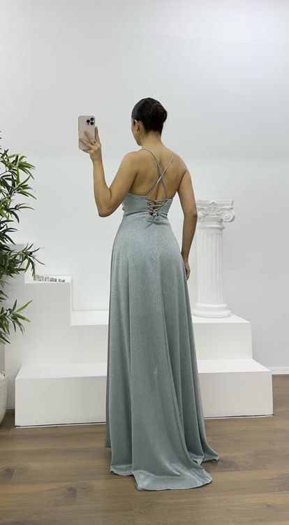 Mint Askılı Simli Drapeli Yaka Abiye Elbise