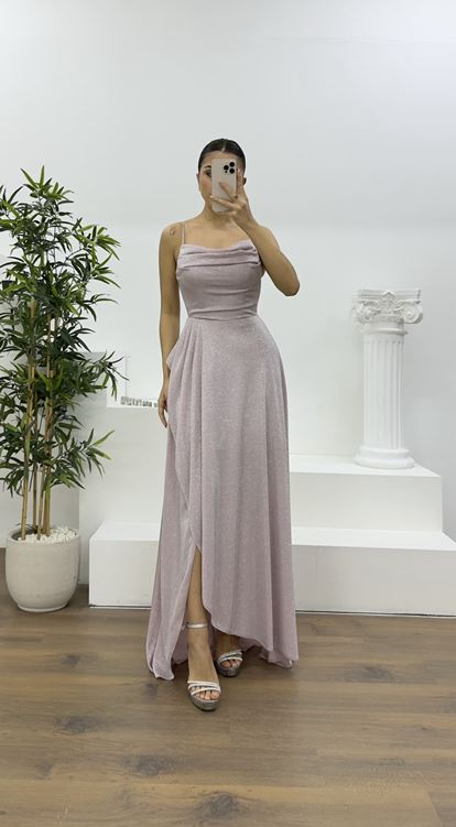 Pudra Askılı Simli Drapeli Yaka Abiye Elbise