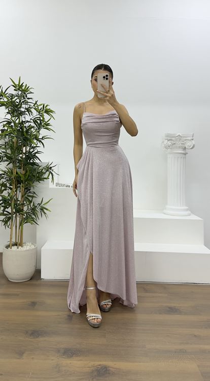 Pudra Askılı Simli Drapeli Yaka Abiye Elbise