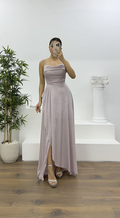 Pudra Askılı Simli Drapeli Yaka Abiye Elbise