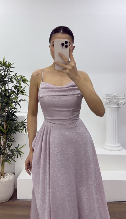 Pudra Askılı Simli Drapeli Yaka Abiye Elbise