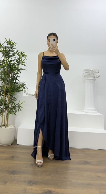 Lacivert Askılı Simli Drapeli Yaka Abiye Elbise