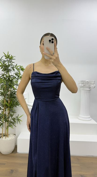 Lacivert Askılı Simli Drapeli Yaka Abiye Elbise