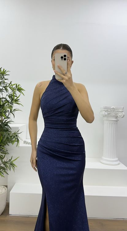 Lacivert Simli Drapeli Halter Yaka Abiye Elbise