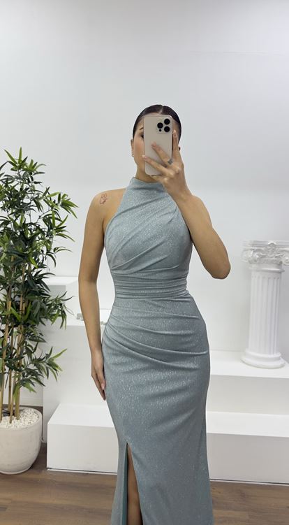 Mint Simli Drapeli Halter Yaka Abiye Elbise