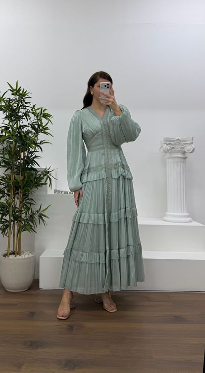 Mint Kat Kat Şifon Büyük Beden Abiye Elbise