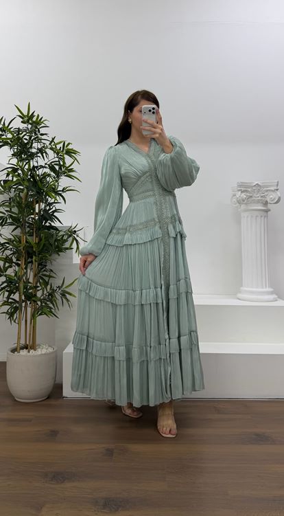 Mint Kat Kat Şifon Büyük Beden Abiye Elbise