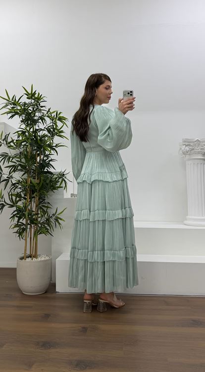 Mint Kat Kat Şifon Büyük Beden Abiye Elbise