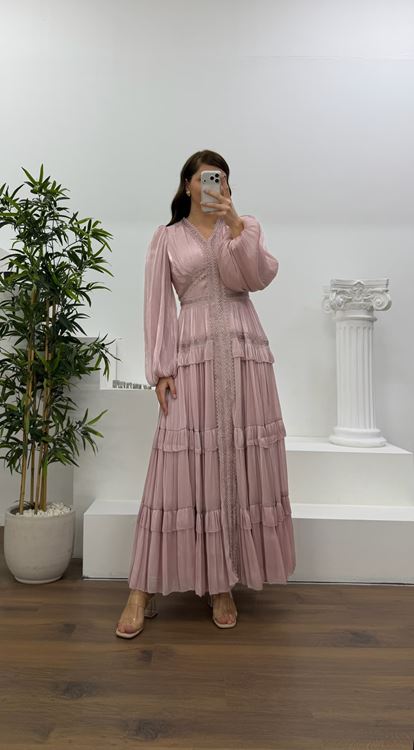 Pudra Kat Kat Şifon Büyük Beden Abiye Elbise