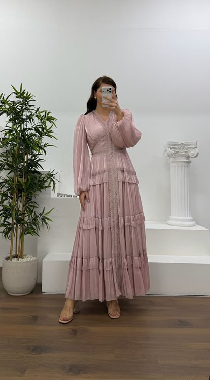 Pudra Kat Kat Şifon Büyük Beden Abiye Elbise