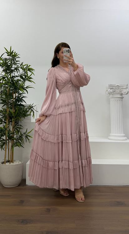 Pudra Kat Kat Şifon Büyük Beden Abiye Elbise