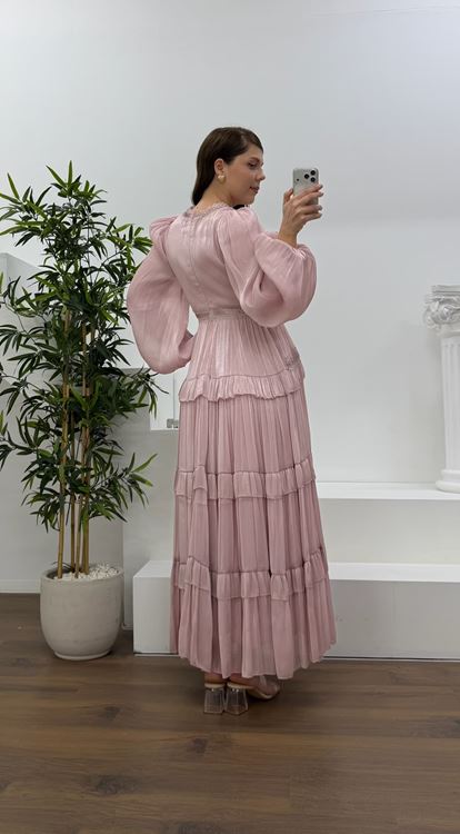 Pudra Kat Kat Şifon Büyük Beden Abiye Elbise