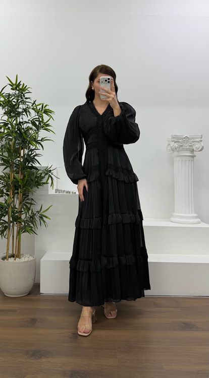 Siyah Kat Kat Şifon Büyük Beden Abiye Elbise