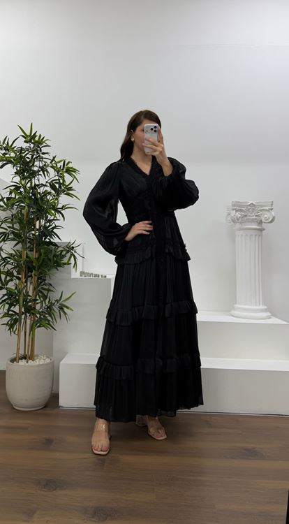 Siyah Kat Kat Şifon Büyük Beden Abiye Elbise