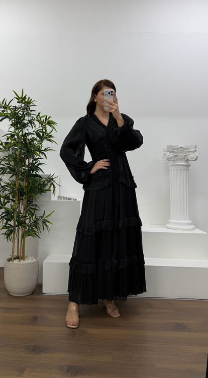 Siyah Kat Kat Şifon Büyük Beden Abiye Elbise