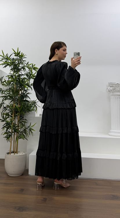 Siyah Kat Kat Şifon Büyük Beden Abiye Elbise