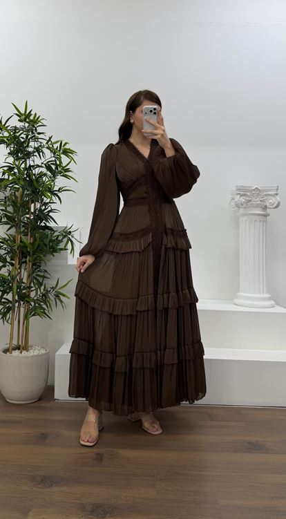 Kahverengi Kat Kat Şifon Büyük Beden Abiye Elbise