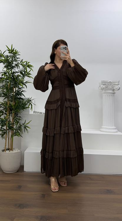 Kahverengi Kat Kat Şifon Büyük Beden Abiye Elbise