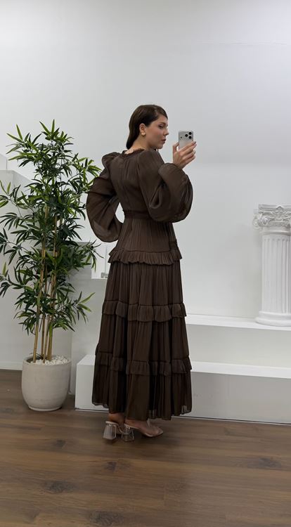 Kahverengi Kat Kat Şifon Büyük Beden Abiye Elbise