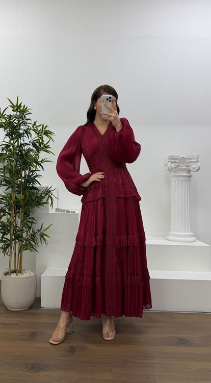 Bordo Kat Kat Şifon Büyük Beden Abiye Elbise