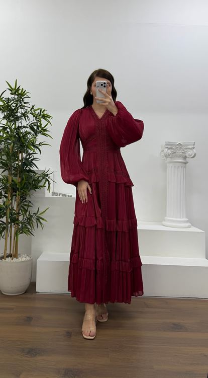 Bordo Kat Kat Şifon Büyük Beden Abiye Elbise
