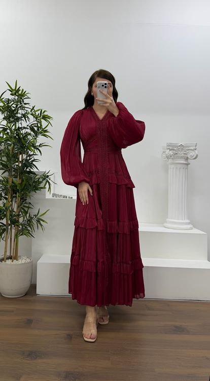 Bordo Kat Kat Şifon Büyük Beden Abiye Elbise