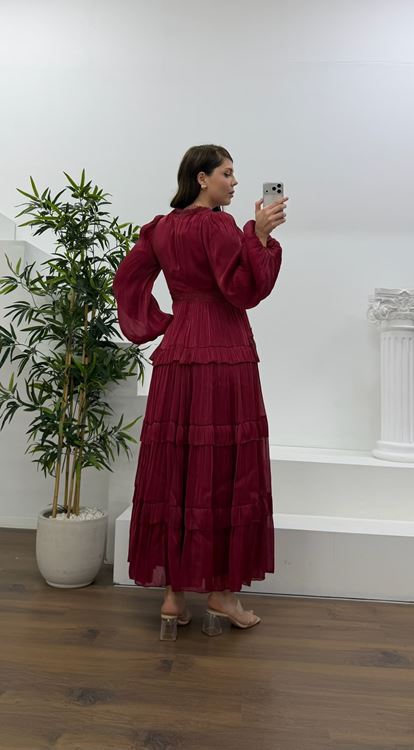 Bordo Kat Kat Şifon Büyük Beden Abiye Elbise