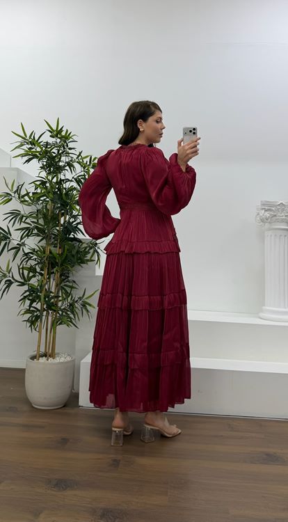 Bordo Kat Kat Şifon Büyük Beden Abiye Elbise