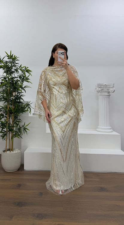 Bej Kolları Pelerin Detay Pul Payet Büyük Beden Abiye Elbise