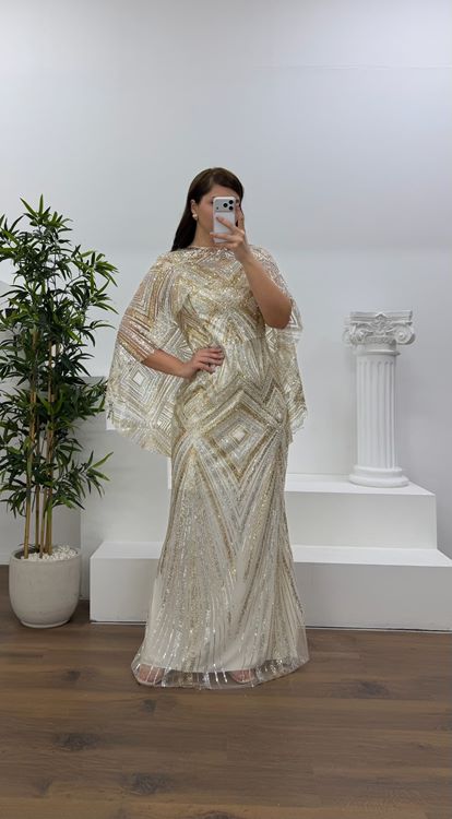 Bej Kolları Pelerin Detay Pul Payet Büyük Beden Abiye Elbise