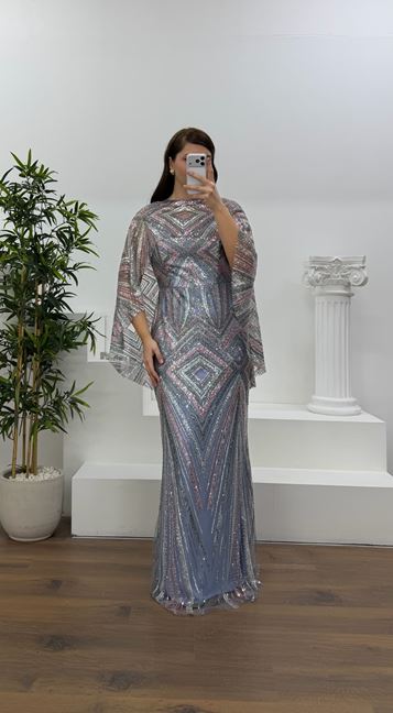 İndigo Kolları Pelerin Detay Pul Payet Büyük Beden Abiye Elbise