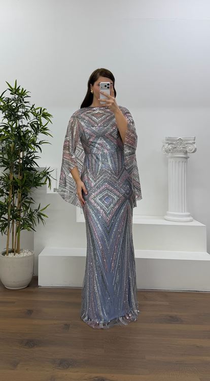 İndigo Kolları Pelerin Detay Pul Payet Büyük Beden Abiye Elbise