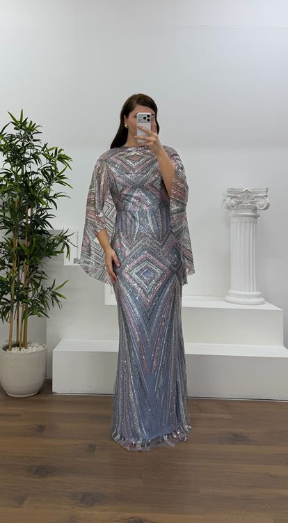 İndigo Kolları Pelerin Detay Pul Payet Büyük Beden Abiye Elbise