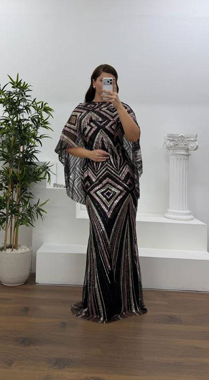 Siyah Kolları Pelerin Detay Pul Payet Büyük Beden Abiye Elbise