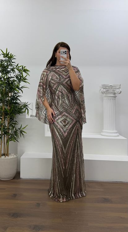 Vizon Kolları Pelerin Detay Pul Payet Büyük Beden Abiye Elbise