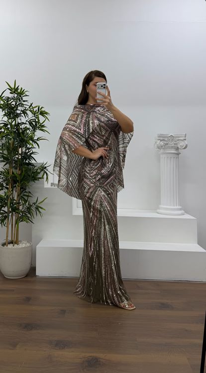 Vizon Kolları Pelerin Detay Pul Payet Büyük Beden Abiye Elbise